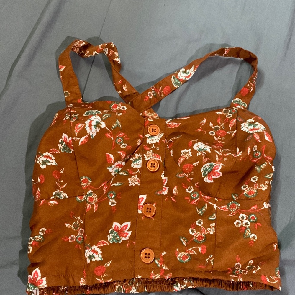 Brown floral bustier corset look crop top and pants by BOG collective